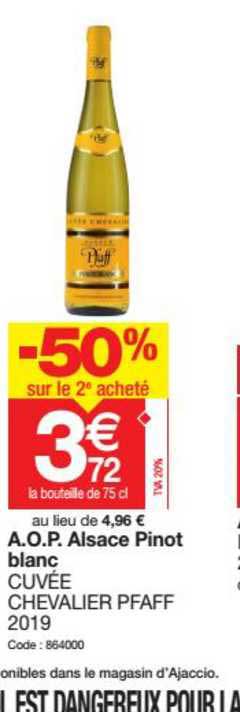 a.o.p. alsace pinot blanc cuvée chevalier pfaff 2019 -50% sur le 2e acheté