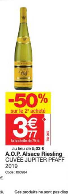 a.o.p. alsace riesling cuvée jupiter pfaff 2019 -50% sur le 2e acheté