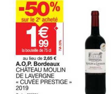 a.o.p. bordeaux château moulin de lavergne cuvée prestige 2019 -50% sur le 2e acheté