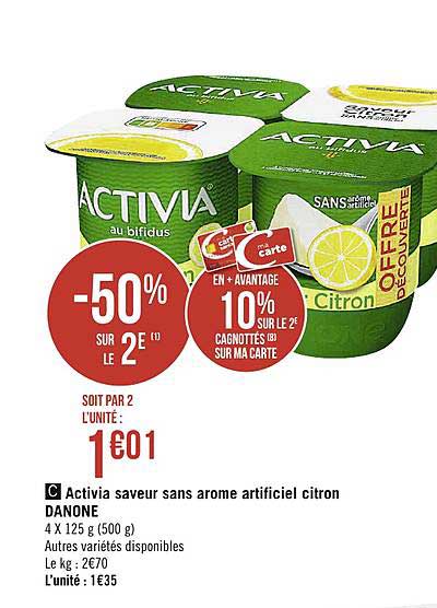 activia saveur sans arôme artificiel citron danone -50% sur le 2e