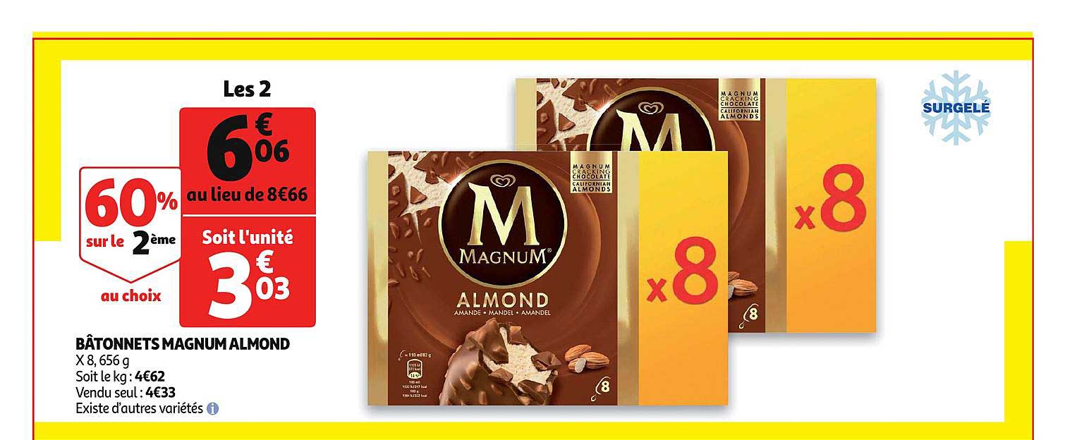 bâtonnets magnum almond 60% sur le 2ème au choix
