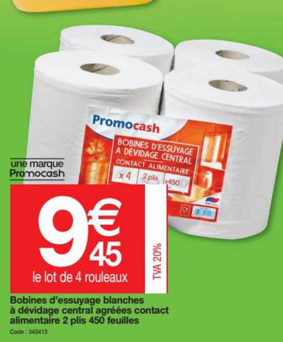 bobines d'essuyage blanches à dévidage central agrées contact alimentaire 2 plis 450 feuilles