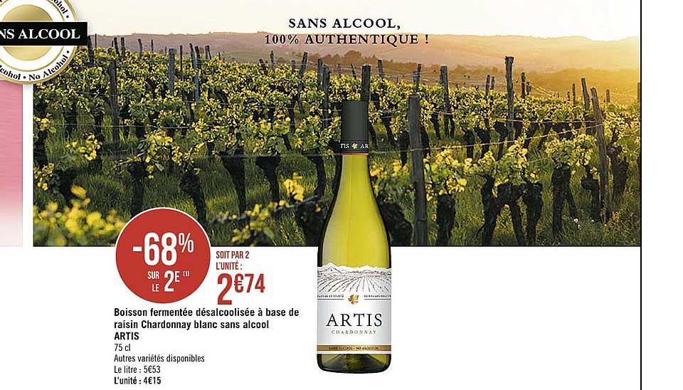 boisson fermentée désalcoolisée à base de raisin chardonnay blanc sans alcool artis -68% sur le 2e