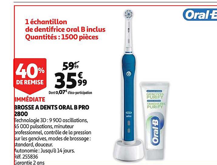 brosse à dent oral b pro 2800 40% remise immédiate