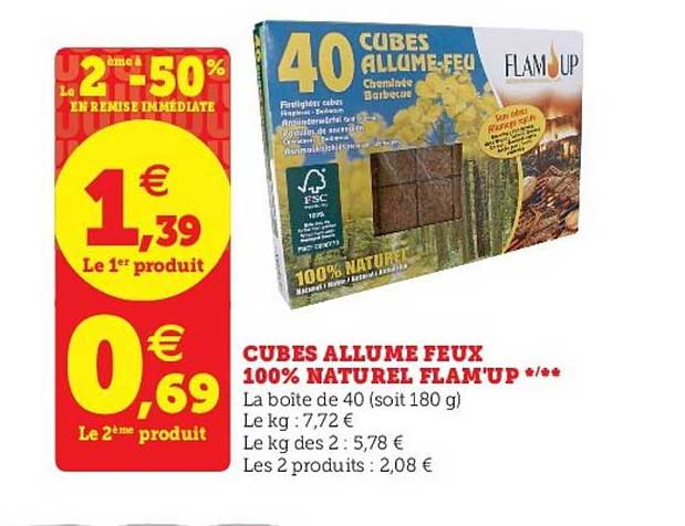 cubes allume feux 100% naturel flam'up le 2ème à -50% en remise immédiate