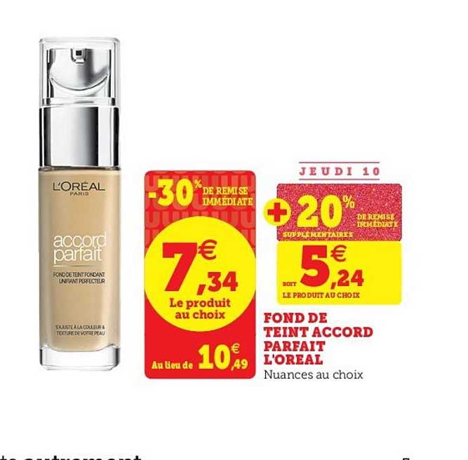 fond de teint accord parfait l'oréal -30% remise immédiate