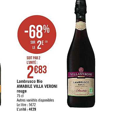 lambrusco bio amabile villa veroni rouge -68% sur le 2e
