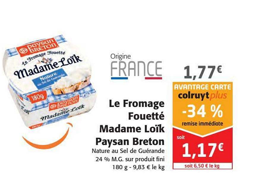 le fromage fouetté madame loïk paysan breton -34% remise immédiate