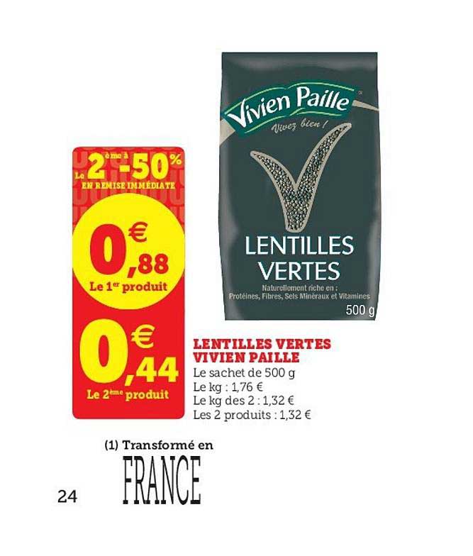 lentilles vertes vivien paille le 2ème en à -50% en remise immédiate