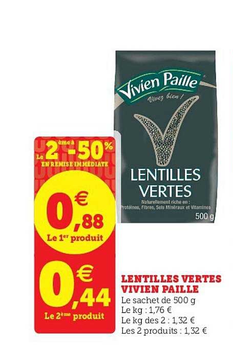 lentilles vertes vivien paille le 2ème en à -50% en remise immédiate