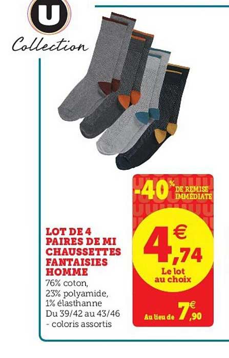 Lot De 4 Paire De Mi Chaussettes Fantaisies Homme -40% Remise Immédiate