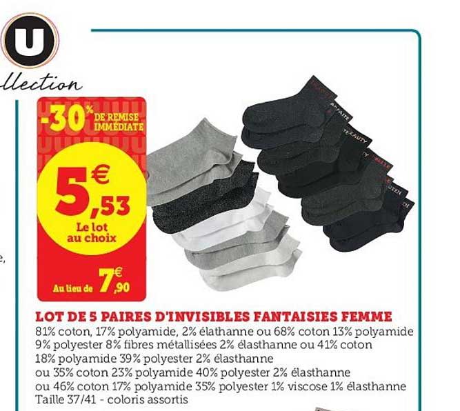 Lot De 5 Paires D'invisibles Fantaisie Femme -30% Remise Immédiate
