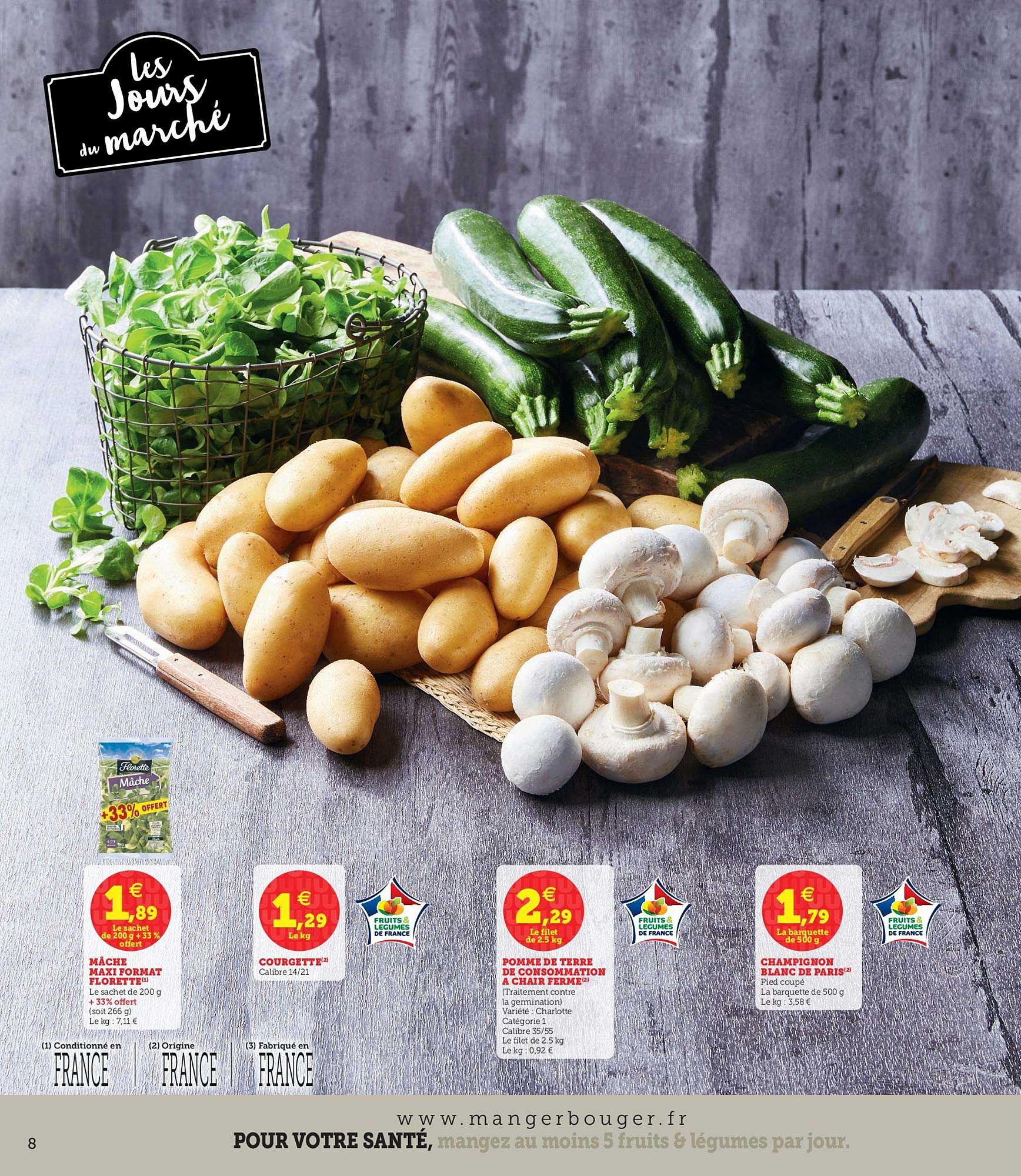 mâche maxi format florette courgette pomme de terre de consommation à chair ferme champignon blanc de paris