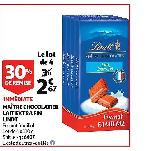maître chocolatier lait extra fin lindt 30% remise immédiate