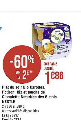 plat du soir bio carottes potiron riz et touche de ciboulette naturnes dès 6 mois nestlé -60% sur le 2e