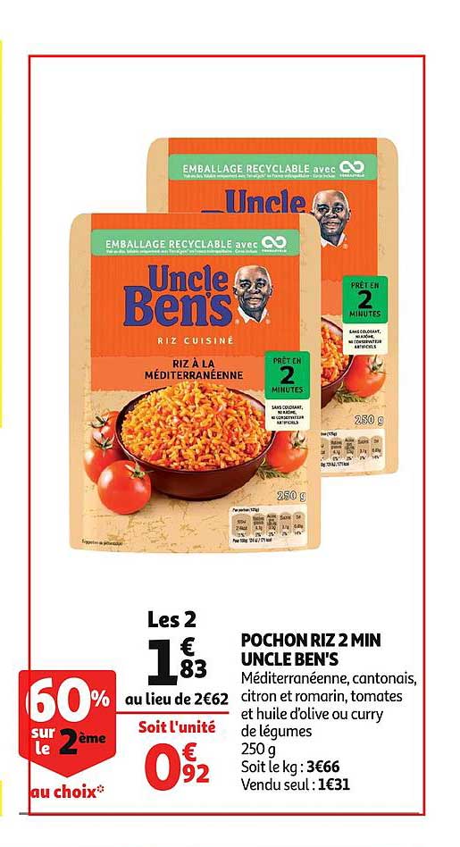 pochon riz 2 min uncle ben's 60% sur le 2ème
