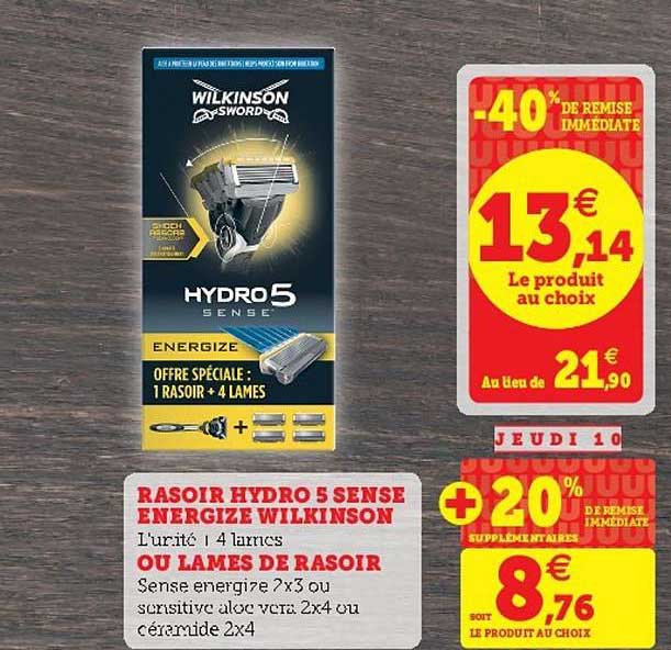 rasoir hydro 5 sense energize wilkinson ou lames de rasoir -40% remise immédiate