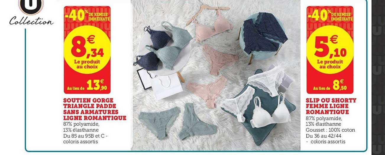 soutien gorge triangle padde sans armatures ligne romantique slip ou shorty femme ligne romantique -40% remise immédiate