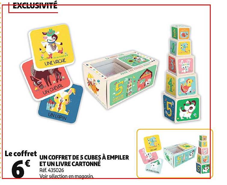 un coffret de 5 cubes à empiler et un livre cartonné