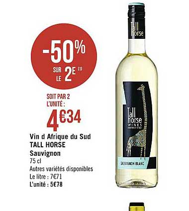 Vin D'afrique Du Sud Tall Horse Sauvignon -50% Sur Le 2e