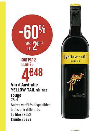 vin d'australie yellow tail shiraz rouge -60% sur le 2e