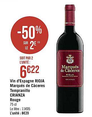 vin d'espagne rioja marqués de càceres tempranillo crianza rouge -50% sur le 2e
