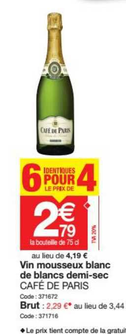 Vin Mousseux Blanc De Blancs Demi Sec Café De Paris