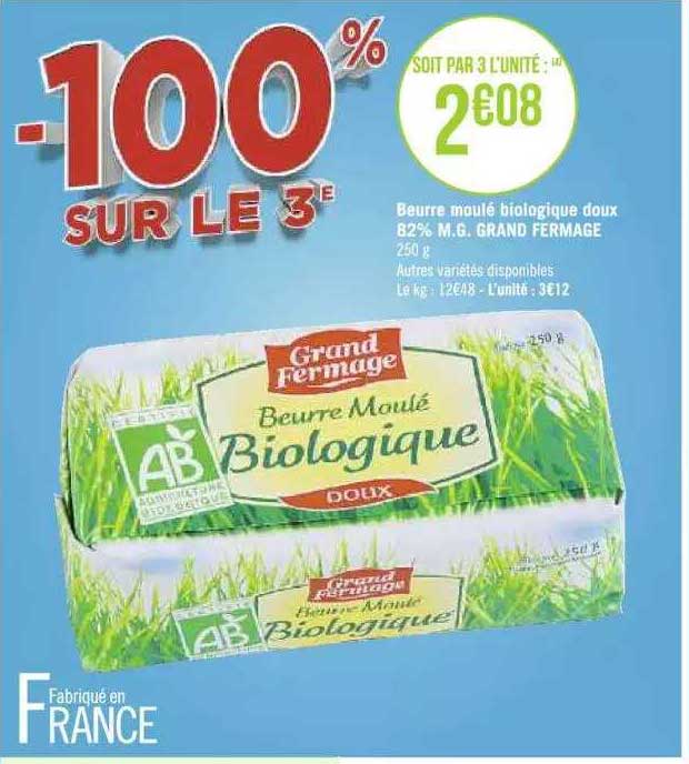 beurre moulé biologique doux 82% m.g. grand fermage