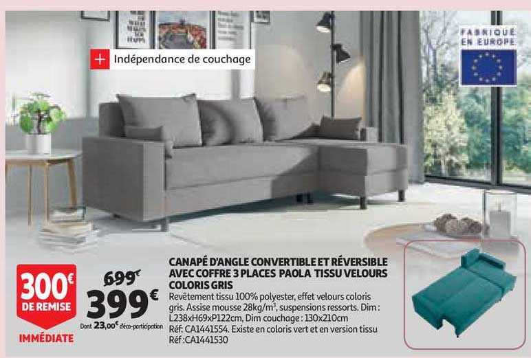 canapé d'angle convertible et réversible avec coffre 3 places paola tissu velours coloris gris