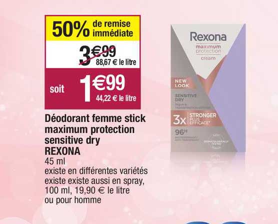 déodorant femme stick maximum protection sensitive dry rexona