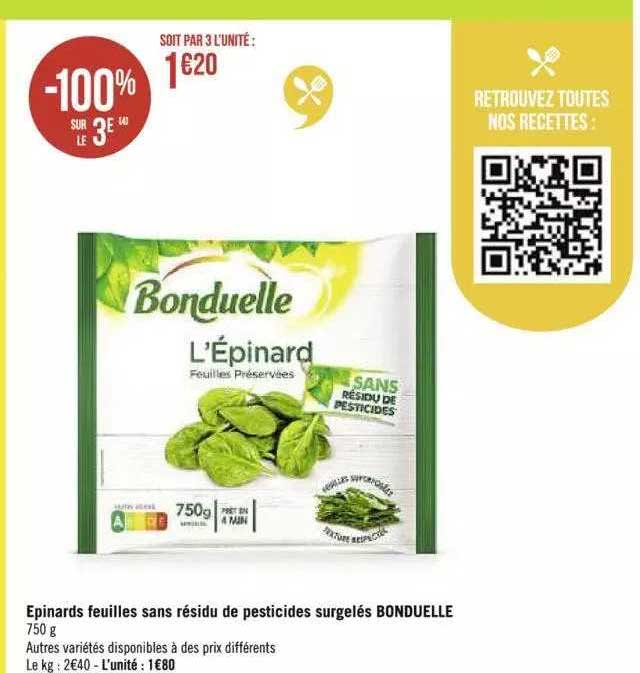 épinards feuilles sans résidu de pesticides surgelés bonduelle