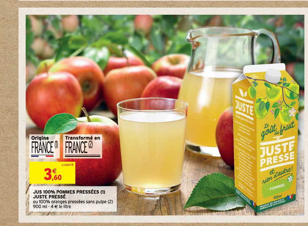jus 100% pommes pressées juste pressé