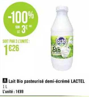 lait bio pasteurisé demi-écrémé lactel