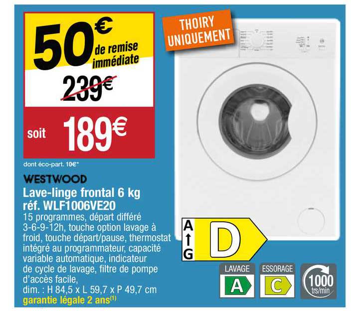 lave-linge frontal 6 kg westwood réf. wlf1006ve20
