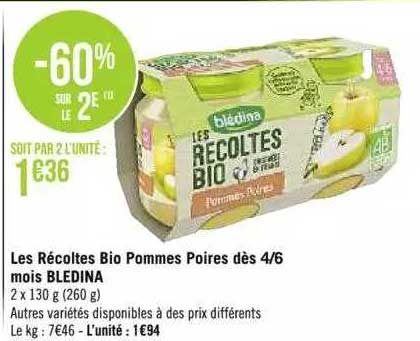 les récoltes bio pomme poires dès 4-6 mois blédina