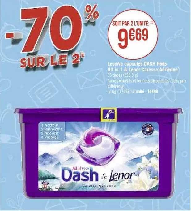 lessive capsules dash pods all in 1 & lenor caresse aérienne