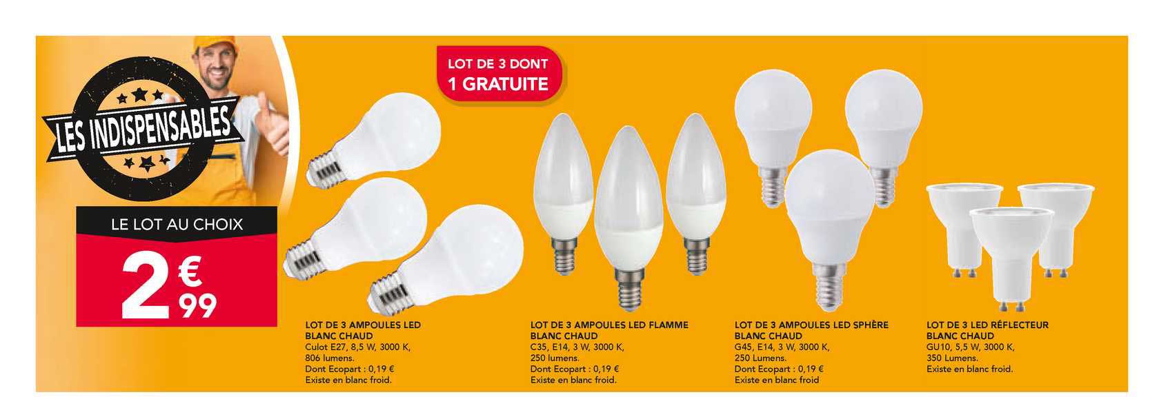 lot de 3 ampoules led blanc chaud, lot de 3 ampoules led flamme blanc chaud, lot de 3 ampoules led sphère, lot de 3 led réflecteur blanc chaud
