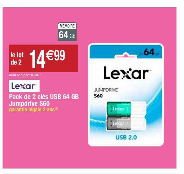 pack de 2 clés usb 64 gb jumpdrive s60 lexar