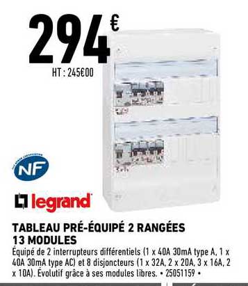 tableau pré-équipé 2 rangées legrand