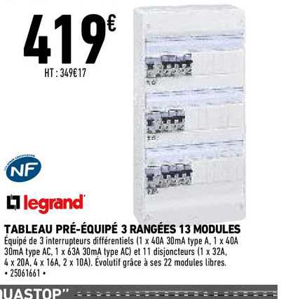 tableau pré-équipé 3 rangées 13 modules legrand