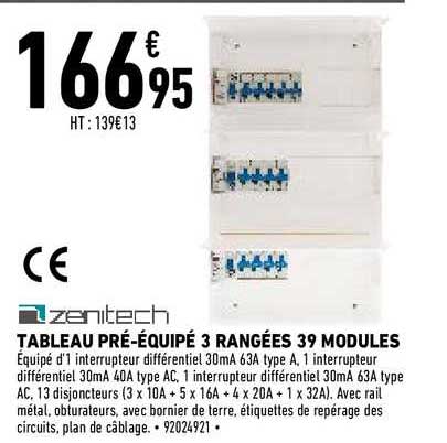 tableau pré-équipé 3 rangées 39 modules zenitech