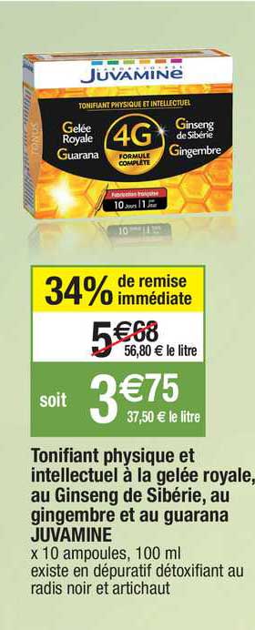 tonifiant physique et intellectuel à la gelée royale, au ginseng de sibérie, au gingembre et au guarana juvamine