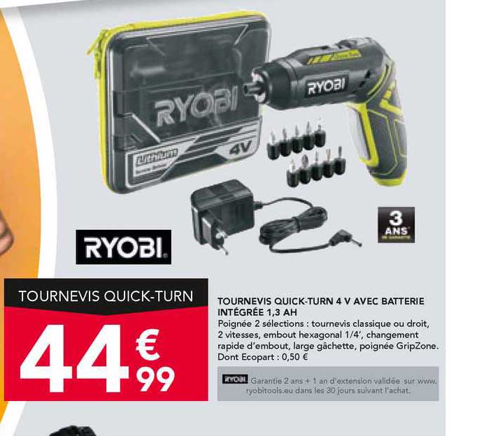 tournevis quick-turn 4 v avec batterie intégrée 1,3 ah ryobi
