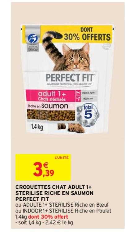croquettes chat adult 1+ stérilisé riche en saumon perfect fit