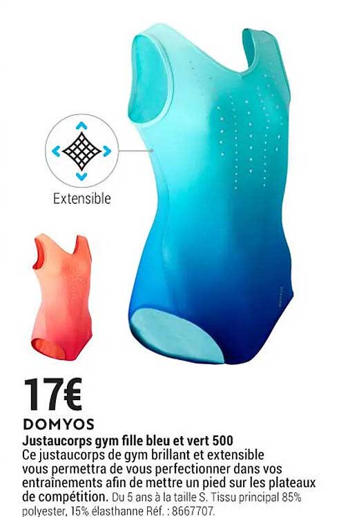 justaucorps gym fille bleu et vert 500 domyos