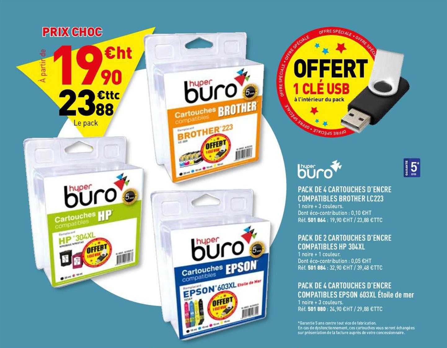 pack 4 cartouches d'encre compatibles brother lc223, pack de 2 cartouches d'encre compatibles hp 304xl, pack de 4 cartouches d'encre compatibles epson 603xl étoile de mer