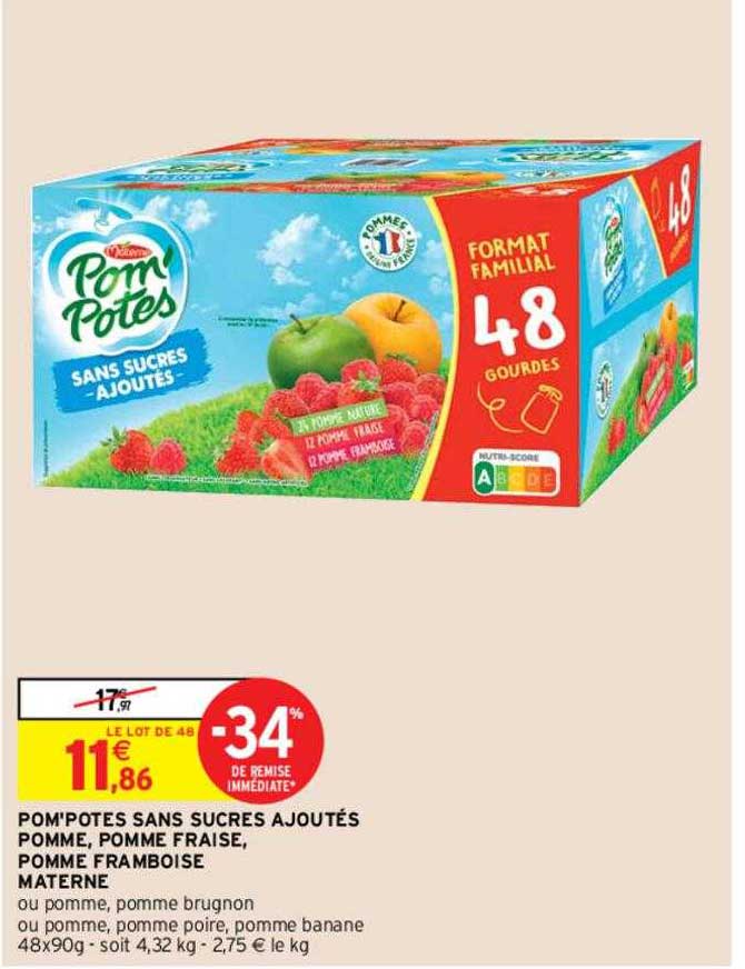 Pom'potes Sans Sucres Ajoutés Pomme, Pomme Fraise, Pomme Framboise Materne