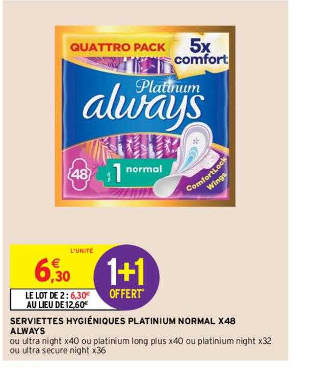 serviettes hygiéniques platinium normal x48 always