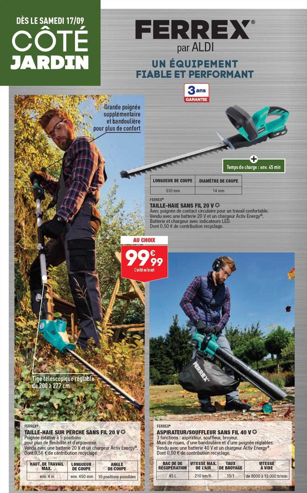 taille-haie sans fil 20 v ferrex, taille-haie sur perche sans fil 20 v ferrex, aspirateur-souffleur sans fil 40 v ferrex