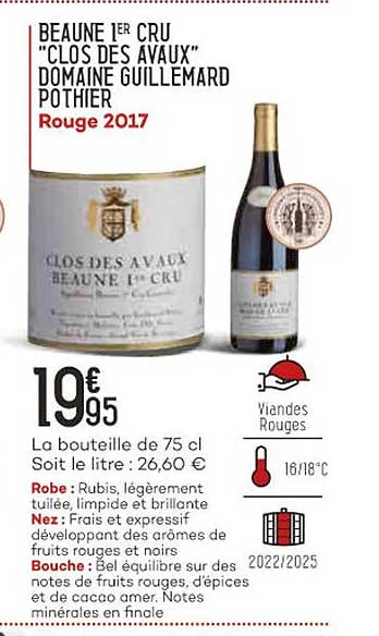 beaune 1er cru "clos des avaux" domaine guillemard pothier rouge 2017